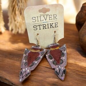 Silver Strike Earrings Aztec Teardrop Multicolored Triangular Shape NEW